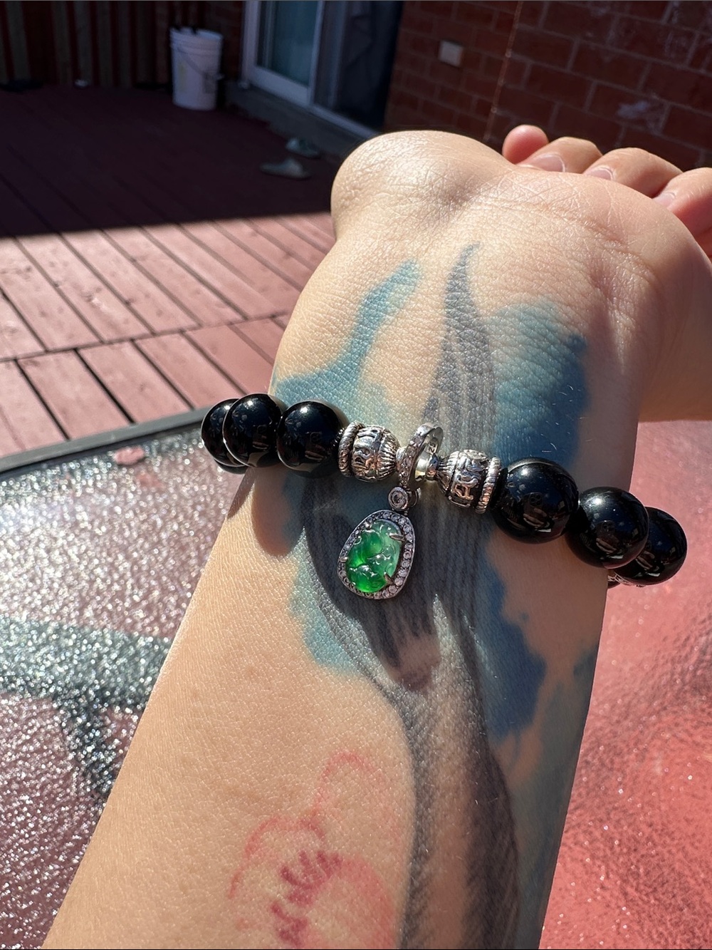 Black CRYSTAL Bracelet with Green JADE Charm